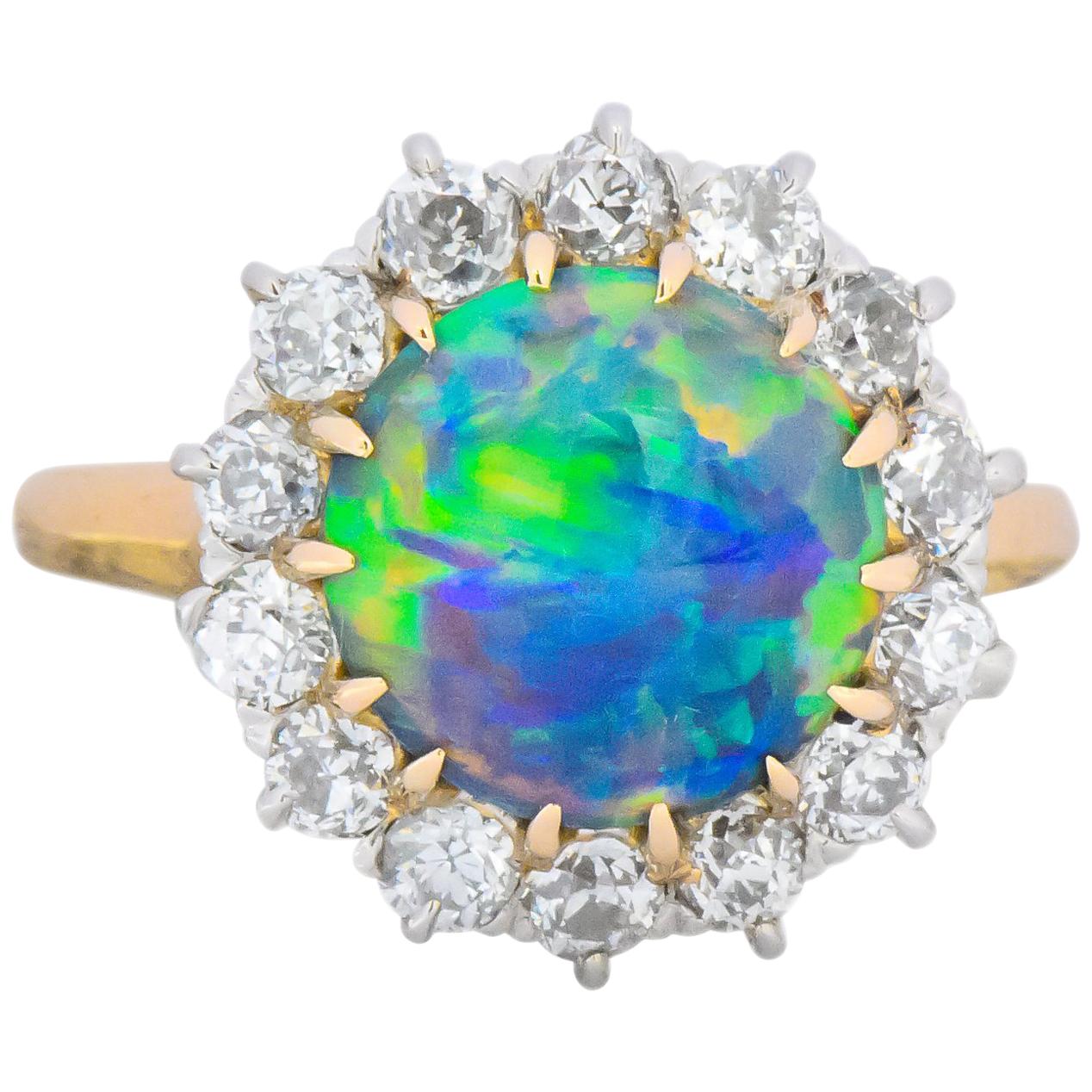 Edwardian Diamond Opal Platinum 18 Karat Gold Ring GIA