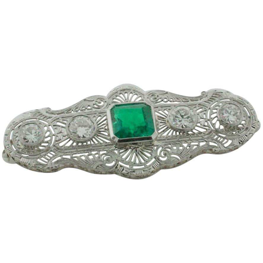 Colombian Emerald and Diamond Brooch circa 1920s GIA Certified