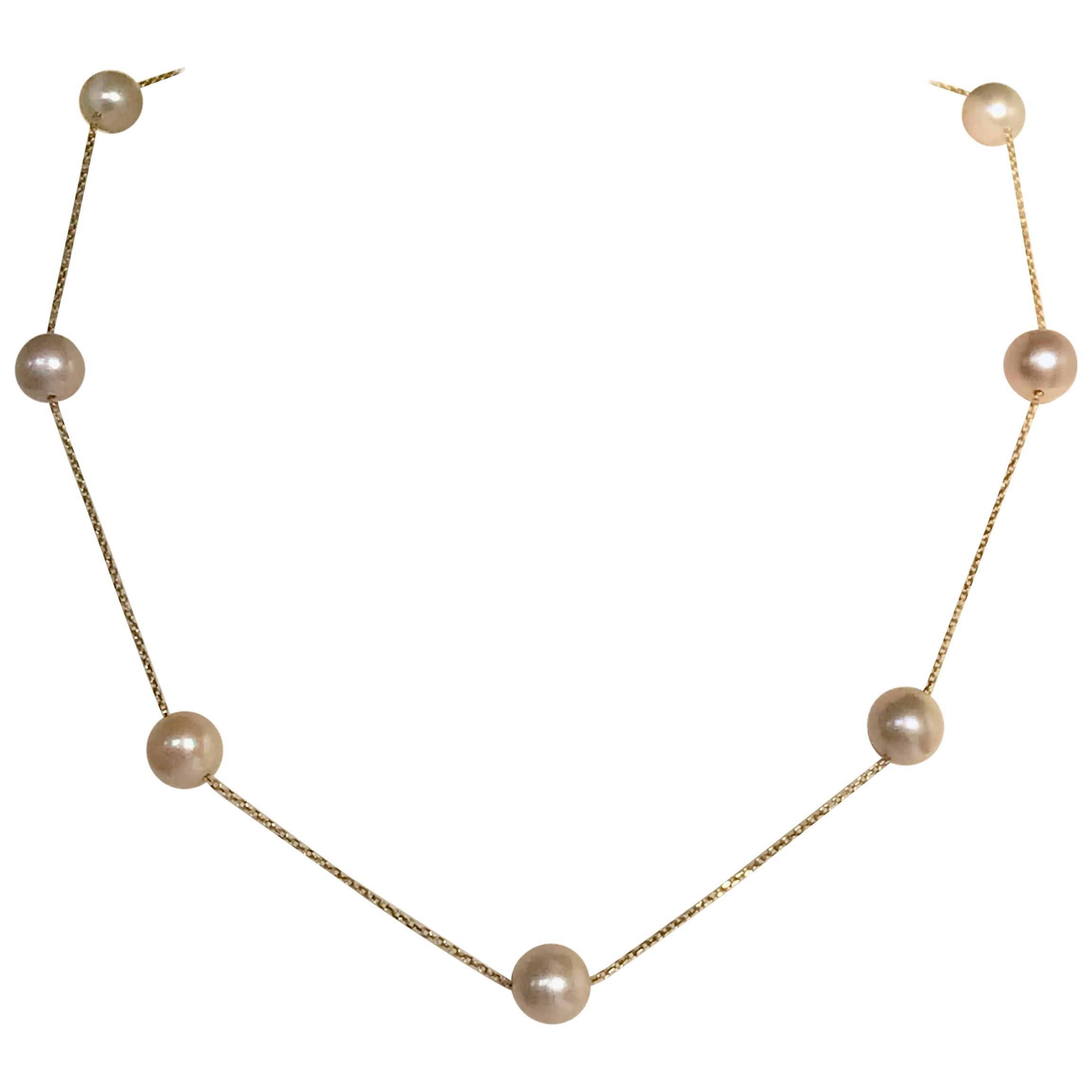 18 Karat Solid Yellow Gold Cultured Pearl Chain Necklace  For Sale