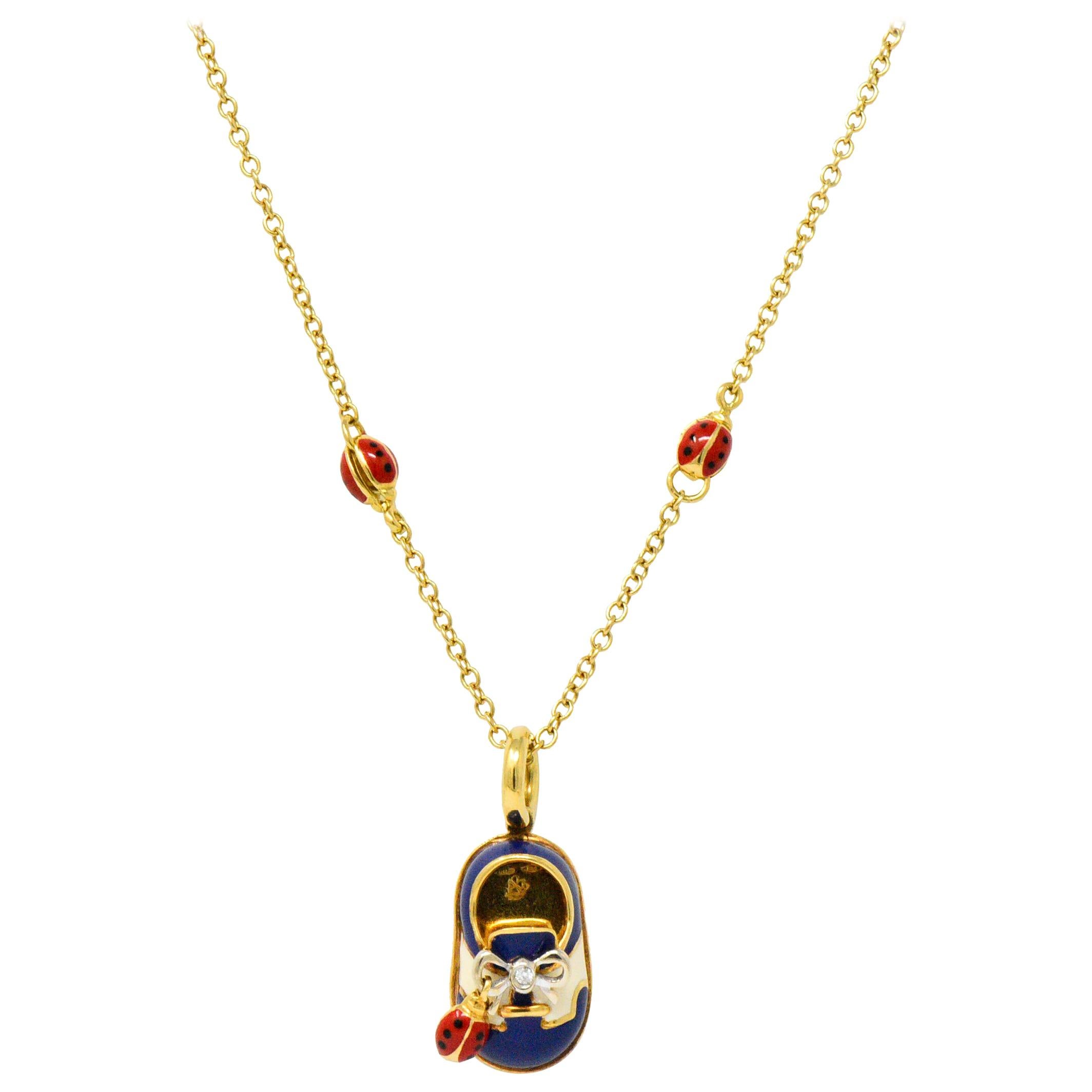 Aaron Basha Enamel Diamond 18 Karat Gold Baby Shoe Pendant Necklace
