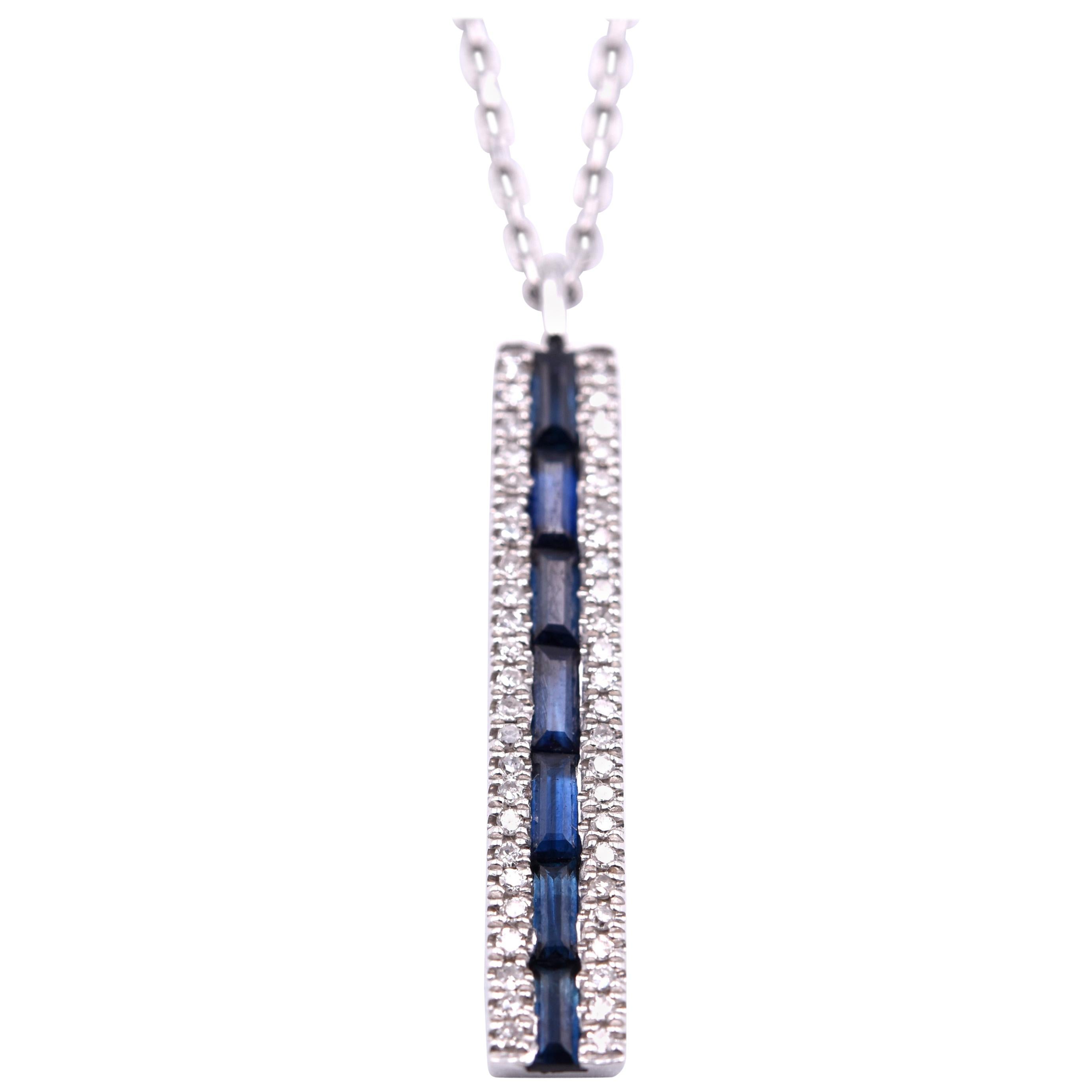 14 Karat White Gold Diamond and Sapphire Bar Necklace