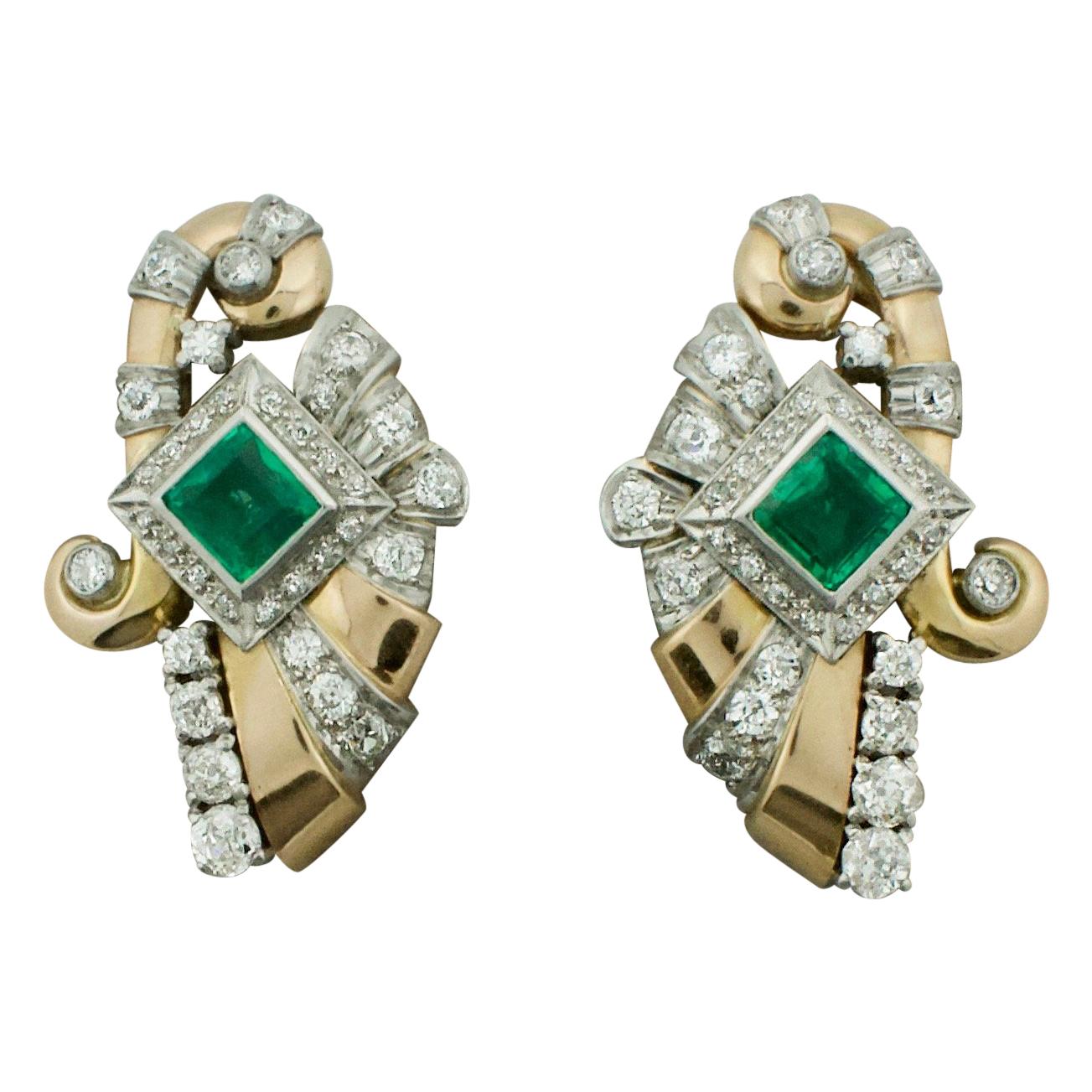 Retro Emerald and Diamond Earrings in 18 Karat and Platinum, circa 1940s