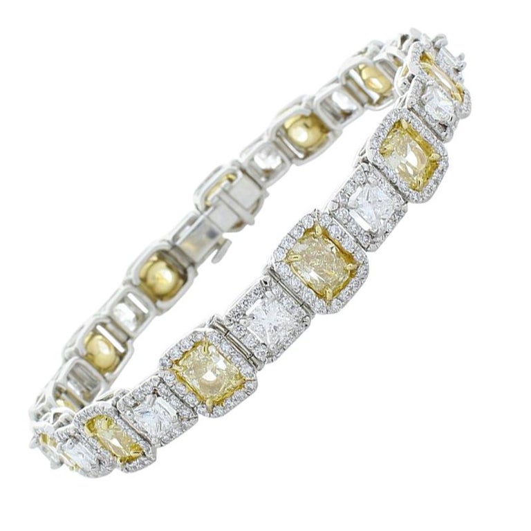 10.05 Carat Total Cushion Cut Fancy Yellow Diamond Bracelet in Platinum ...