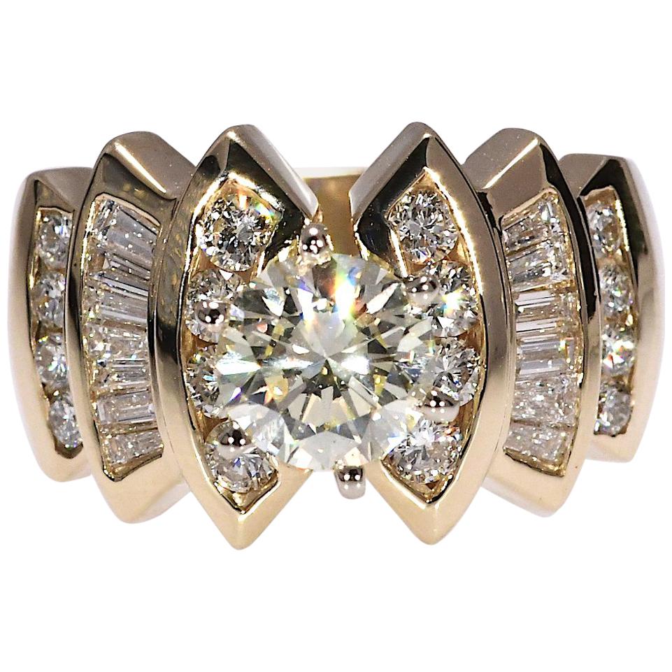 1.33 Carat Center 2.37 Carat Natural Diamond Ring in Yellow Gold 14 Karat