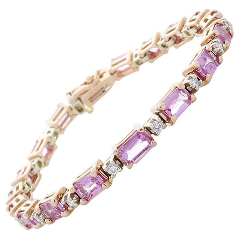 10.85 Carat Total Emerald Cut Pink Sapphires and Diamond Two-Tone Bracelet