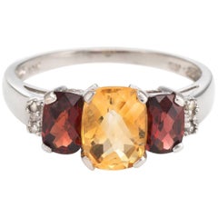 Citrine Garnet Diamond Ring Estate 10 Karat Gold Trilogy Vintage 3-Stone Band