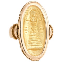 Vintage Sumerian Goddess Ring 18 Karat Gold Anunnaki Oval Cocktail Jewelry