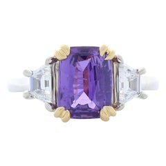 AGL Certified 2.98 Carat Emerald Cut Purple Sapphire & Diamond Two-Tone Ring