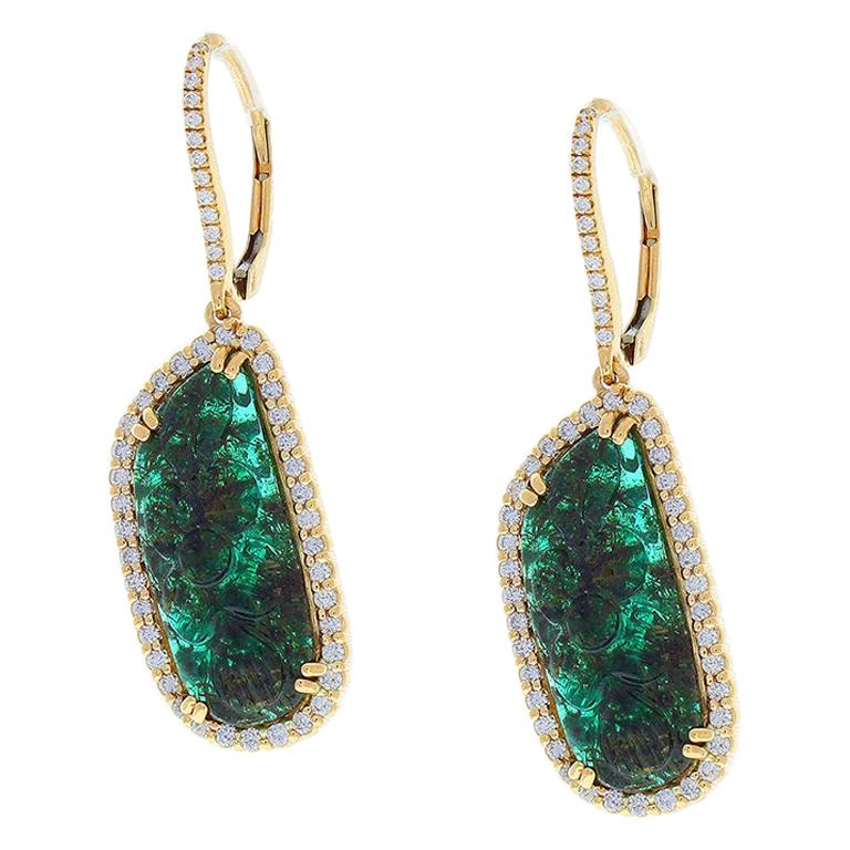 11.58 Carat Total Carved Emerald and Diamond Dangle Earrings in 14 Karat Gold