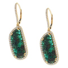 11.58 Carat Total Carved Emerald and Diamond Dangle Earrings in 14 Karat Gold