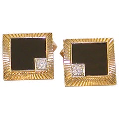 18 Carat Yellow Gold Vintage Men’s White Diamond Black Onyx Shirt Suit Cufflinks