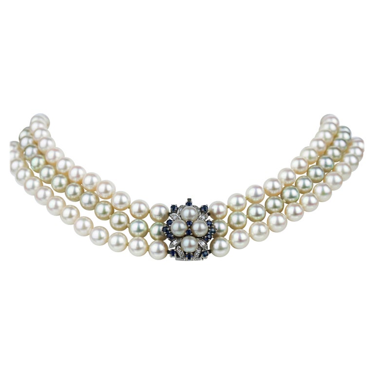 Three Rows Pearl Necklace with Diamond and Sapphire Clasp For Sale at 1stDibs 3 row pearl necklace