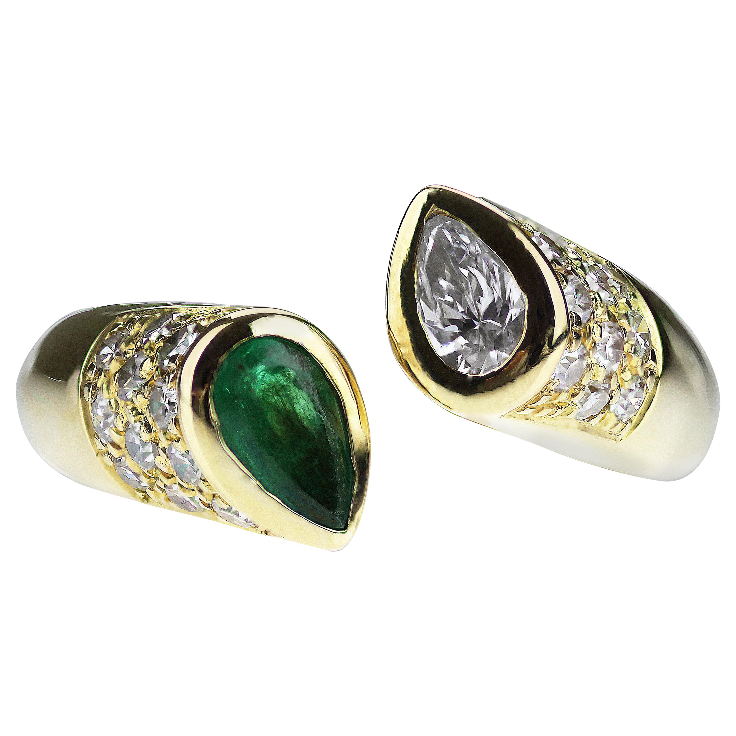 Pear Shape Emerald & Diamond Open Ring in 18K Yellow Gold