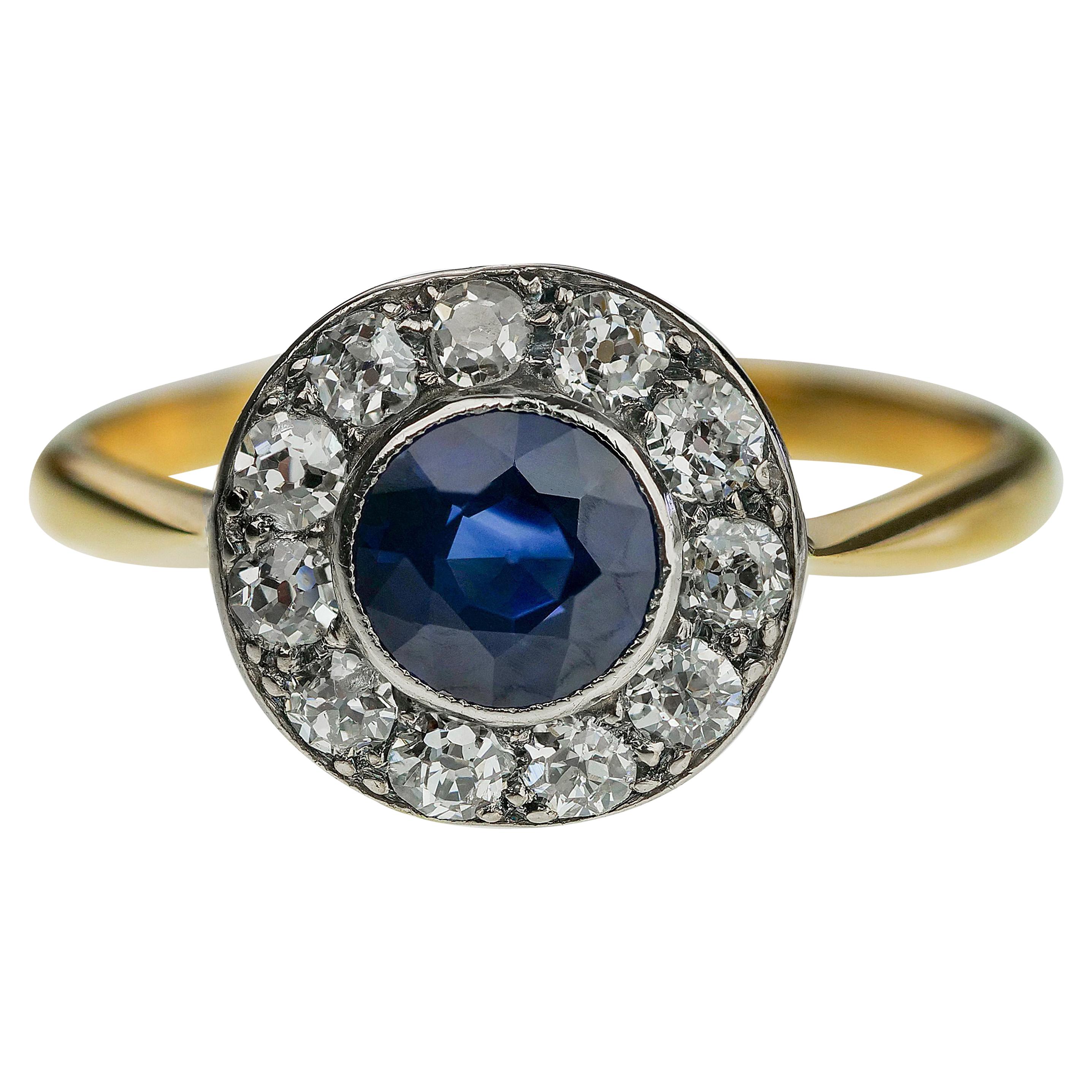 Antique 1900 Sapphire & Old European Cut Diamond Round Cluster Ring