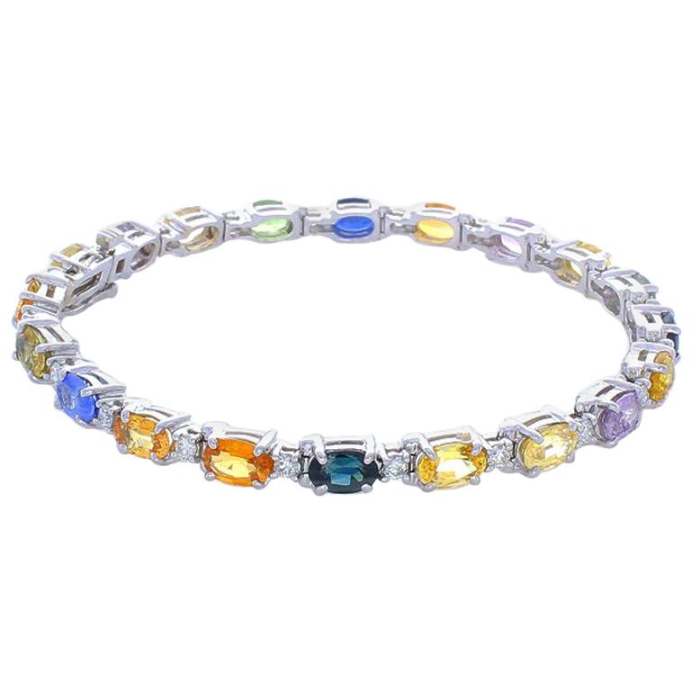 11.72 Carat Total Multi Color Oval Sapphire & Diamond Bracelet In 14K White Gold For Sale