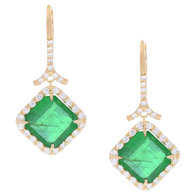 6.19 Carat Total Emerald and Diamond Dangle Earrings in 18 Karat Yellow Gold