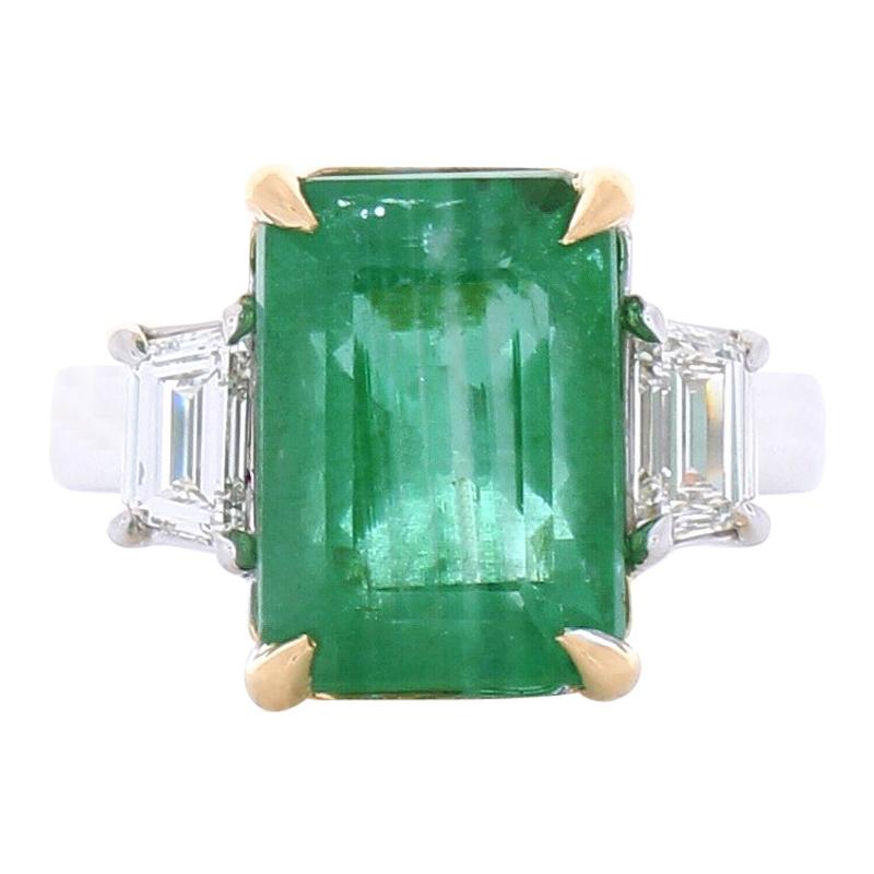 GIA Certified 7.80 Carat Emerald Cut Emerald and Diamond Two-Tone Cocktail Ring