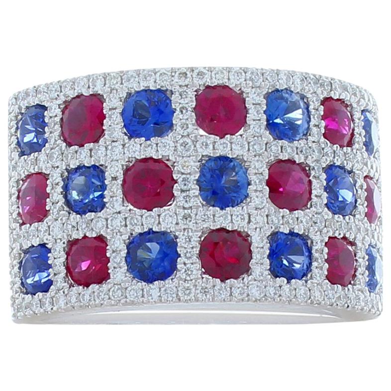 1.50 Carat Total Ruby, Blue Sapphire and Diamond Cocktail Ring in 18 Karat Gold