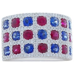 1.50 Carat Total Ruby, Blue Sapphire and Diamond Cocktail Ring in 18 Karat Gold