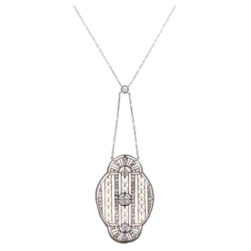 Antique Platinum 18 Karat Gold Diamond Pearl Filigree Pendant Necklace