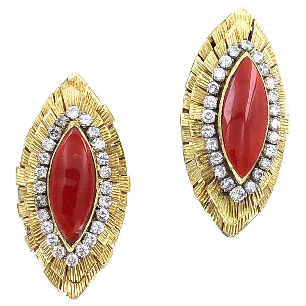 1960s Diamond Italian Red Coral 18 Karat Yellow Gold Clip Earrings