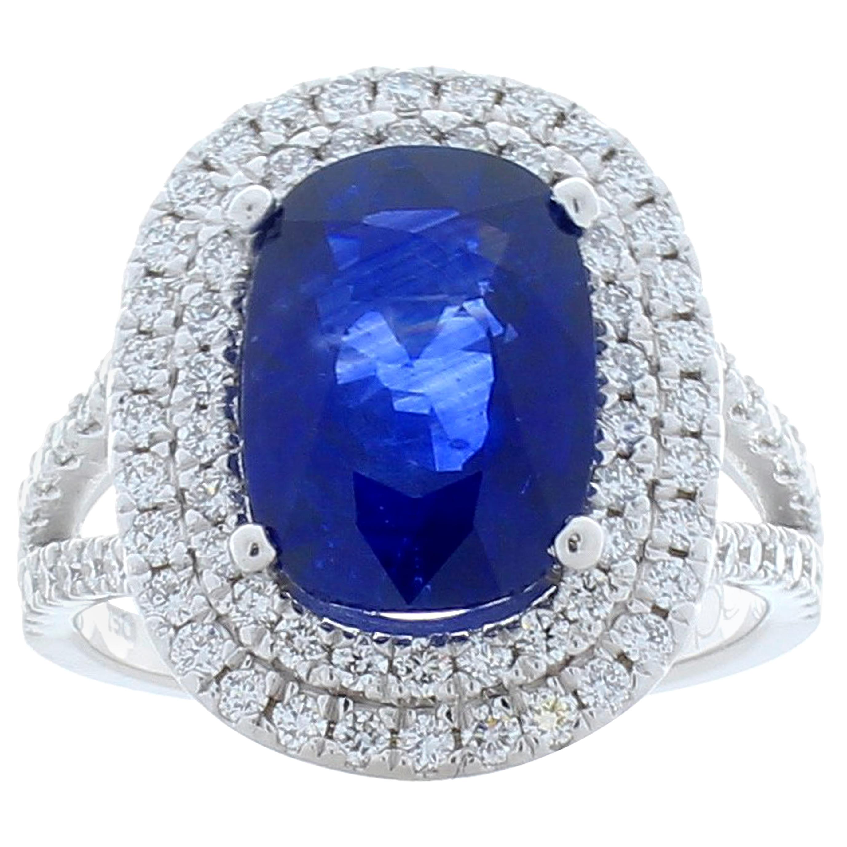 GIA Certified 4.49 Carat Cushion Cut Blue Sapphire and Diamond Cocktail Ring