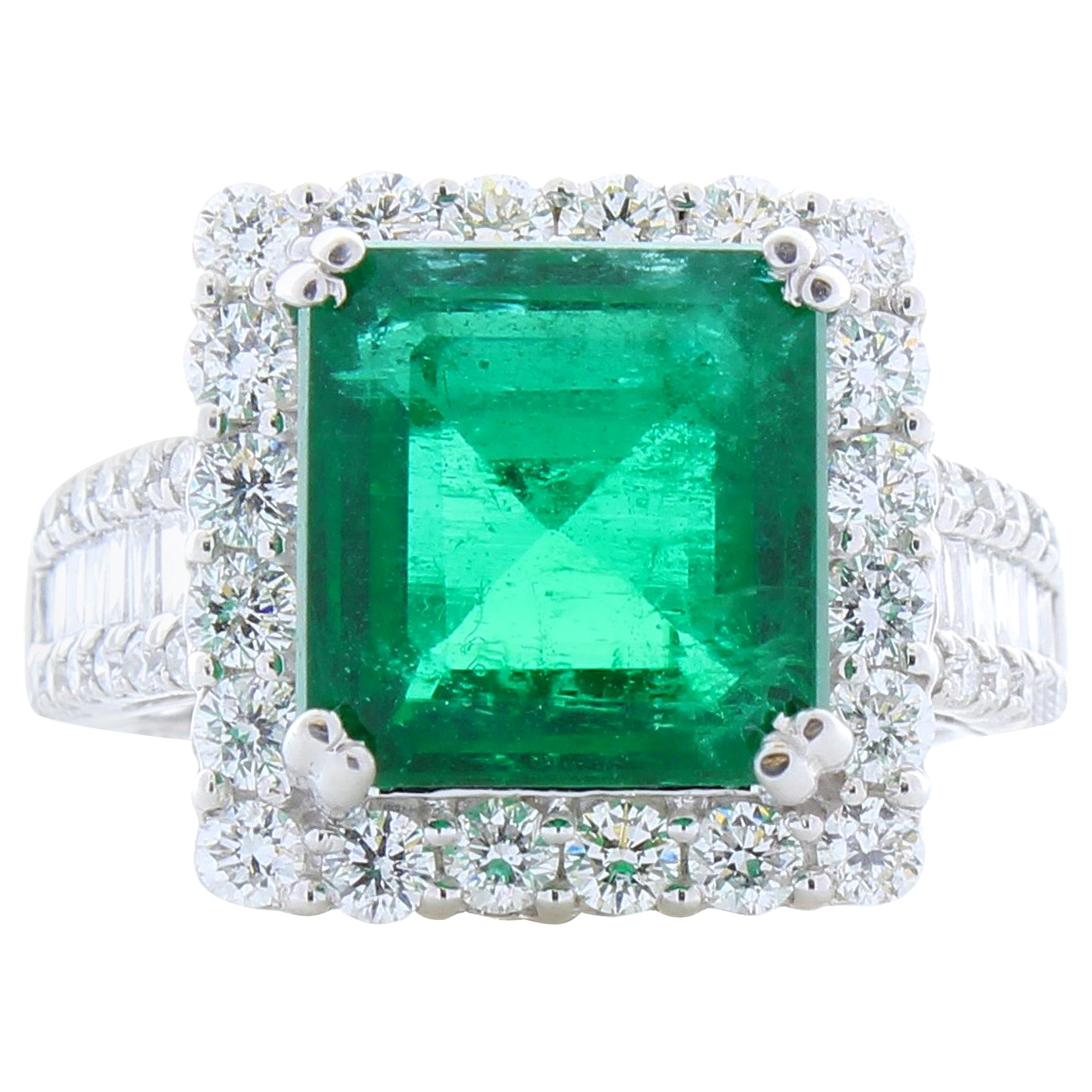 AGL Certified 5.88 Carat Emerald Cut Emerald & Diamond Ring in 18K White Gold