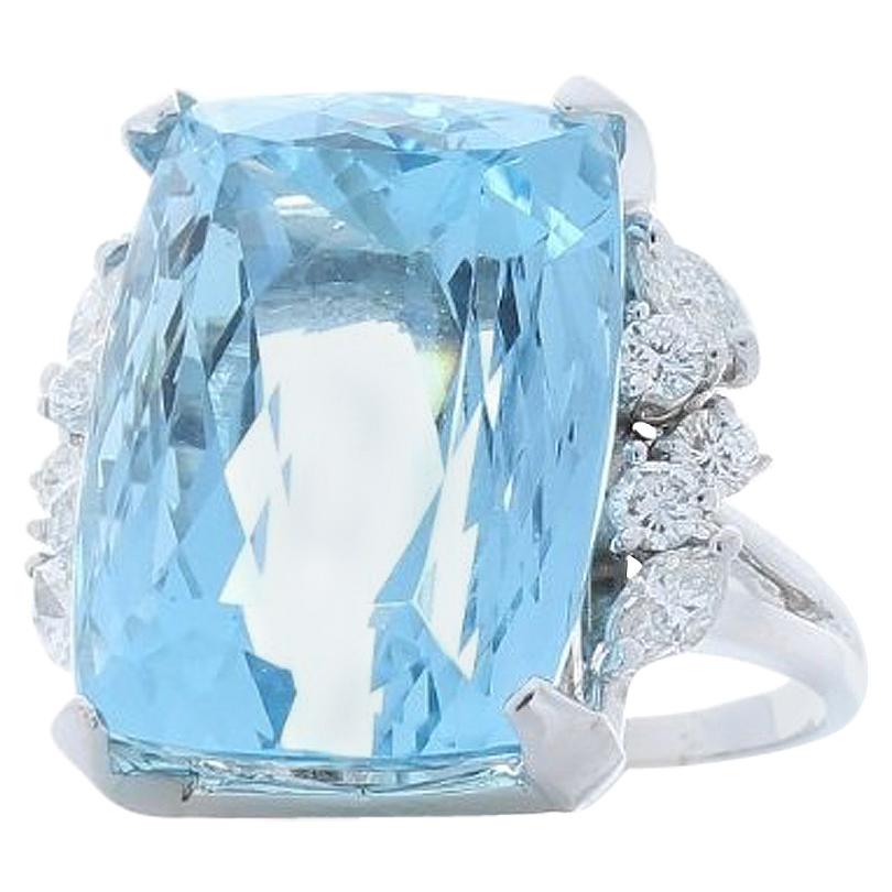 30.63 Carat Emerald Cut Aquamarine And Diamond Cocktail Ring In 18K White Gold