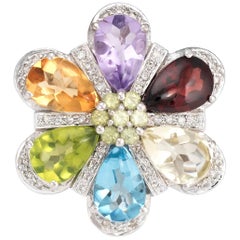 Estate Rainbow Gemstone Diamond Ring 14 Karat White Gold Flower Statement