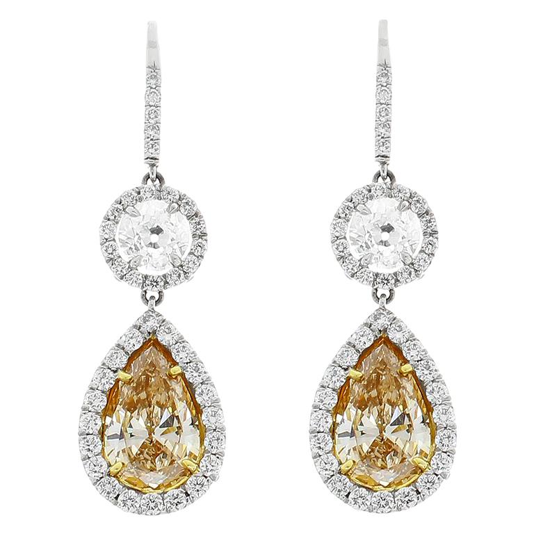 3.15 Carat Pear Shape Fancy Yellow Diamond Dangle Earrings in Platinum