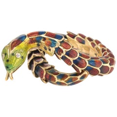 Anello serpente d'epoca in oro 18 carati con smalto, flessibile, Estate Jewelry