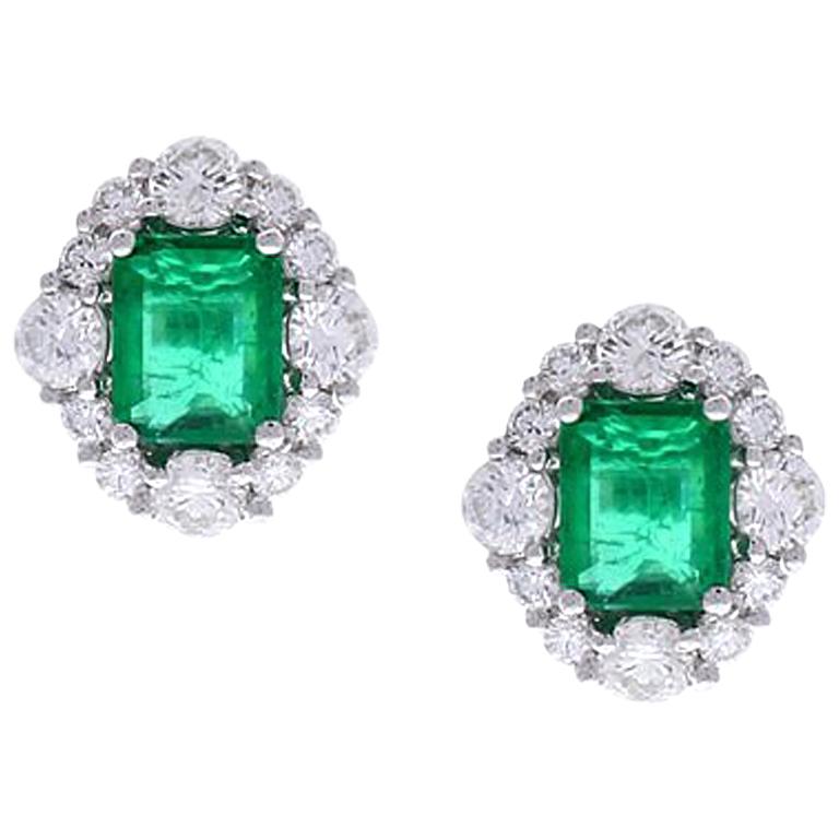 2.99 Carat Total Emerald Cut Emerald and Diamond Earrings in 18 Karat ...