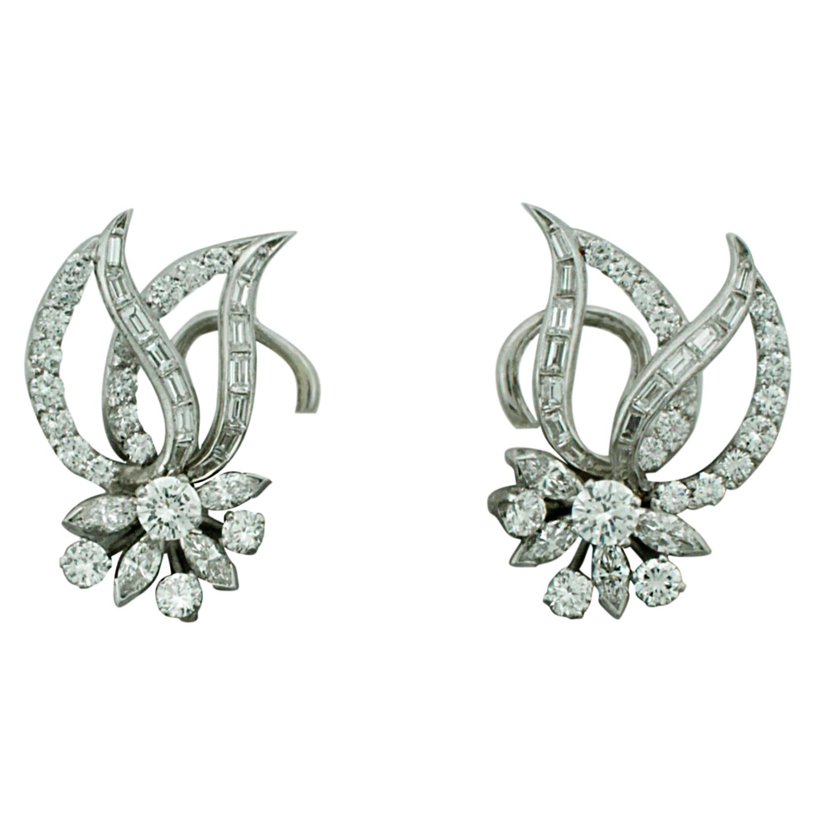 Platinum and Diamond Handmade Earrings, circa 1940s, 4.35 Carat For Sale