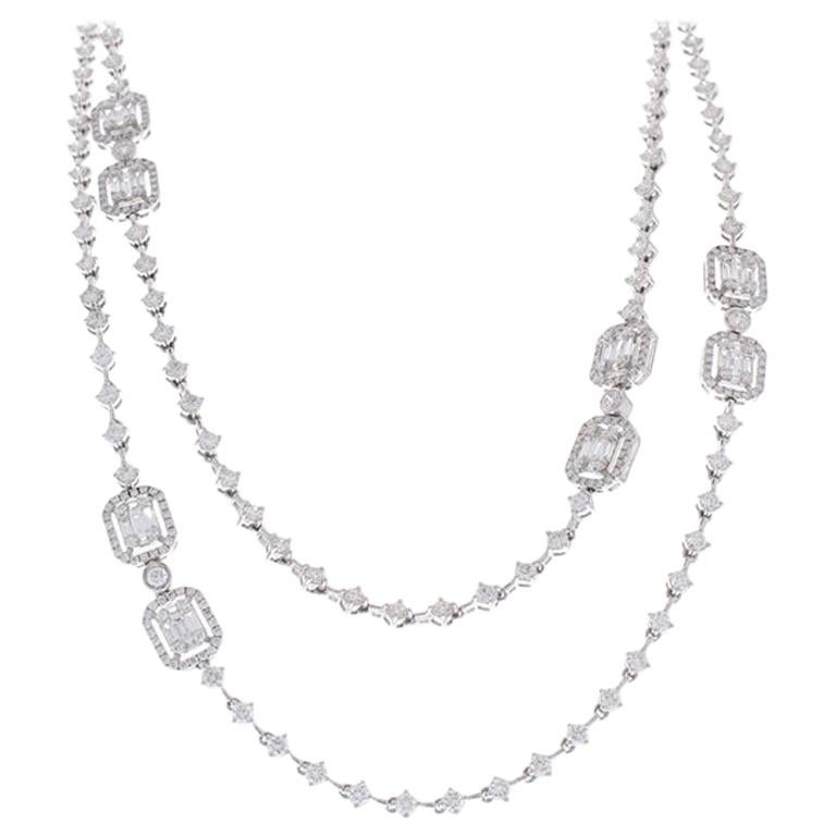 8.76 Carat Total Baguette and Round Diamond Necklace in 18 Karat White Gold
