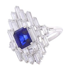 EG Lab Certified 2.62 Carat Emerald Cut Blue Sapphire and Diamond Cocktail Ring