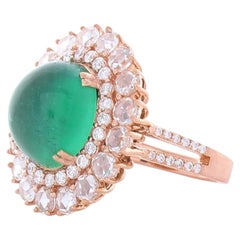 AGL Certified 4.50 Carat Oval Cabochon Emerald & Diamond Ring in 18K Gold