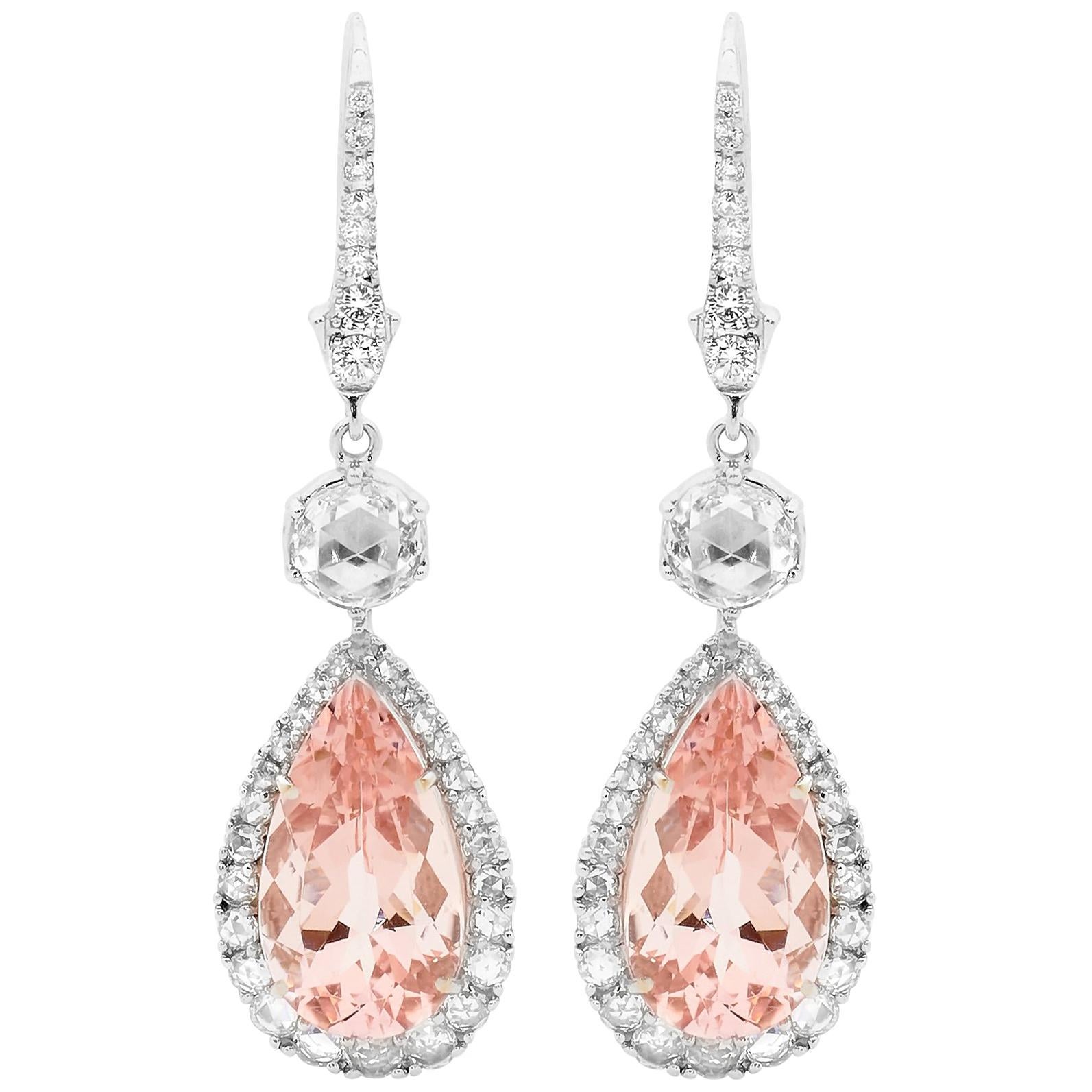 Morganite and Rose Cut Diamond Drop Earrings For Sale