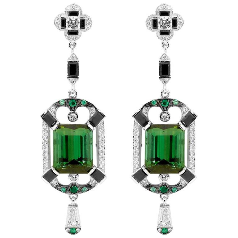 7.44 Carat Green Tourmaline 0.26 Carat Diamond Art Deco Style Drop Earrings