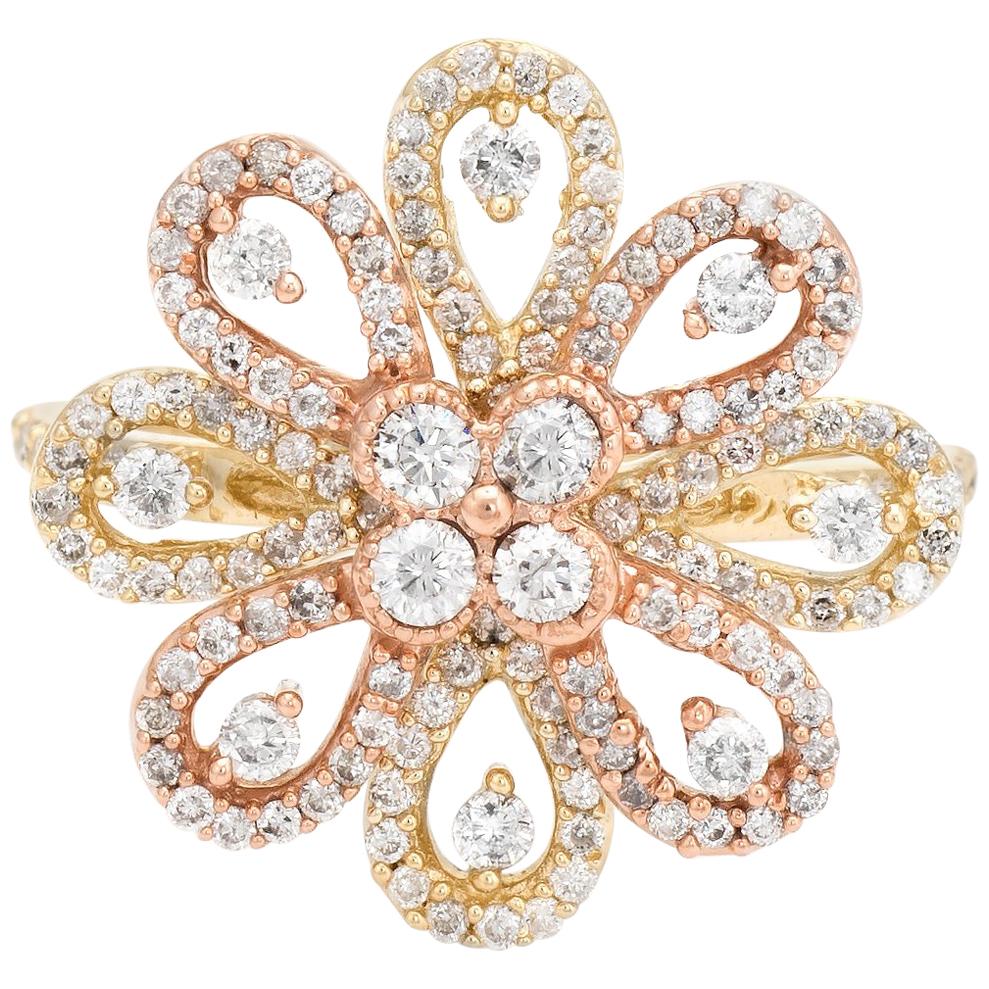 Estate Diamond Cocktail Ring 1.10 Carat 14 Karat Gold Flower Design Fine Jewelry