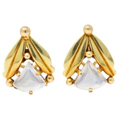 Antique Art Nouveau Moonstone 14 Karat Gold Foliate Ear-clip Earrings