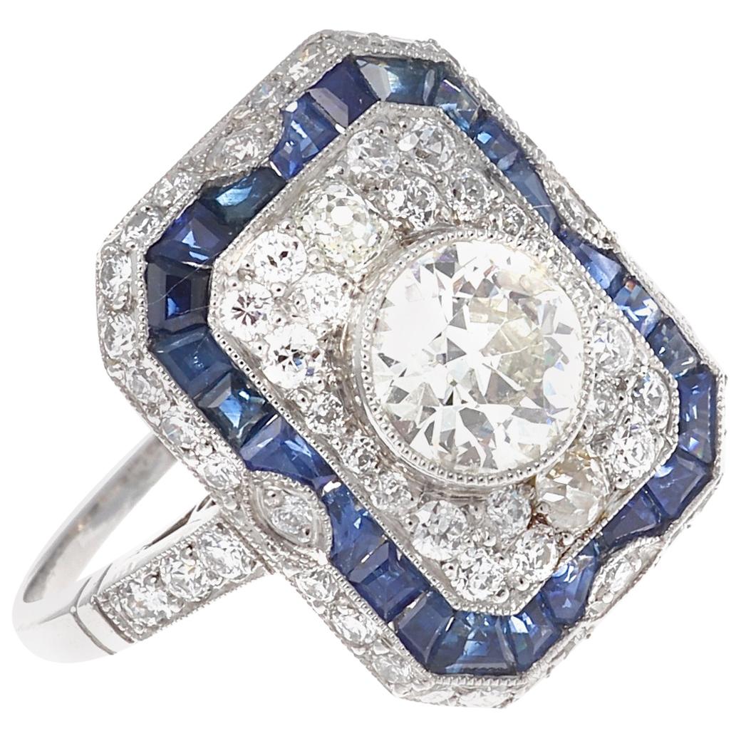 Art Deco Style 1.01 Carat Old European Cut Diamond Sapphire Platinum Ring