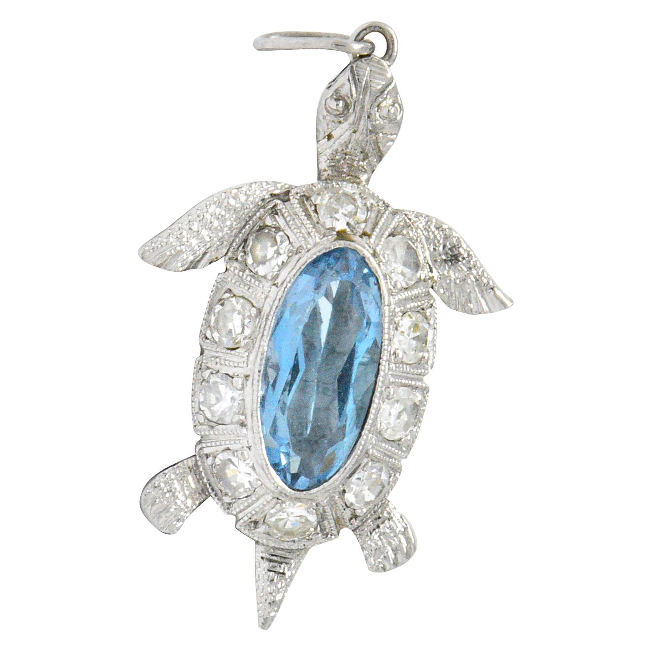 Art Deco 0.66 Carat Aquamarine Diamond Platinum Turtle Charm