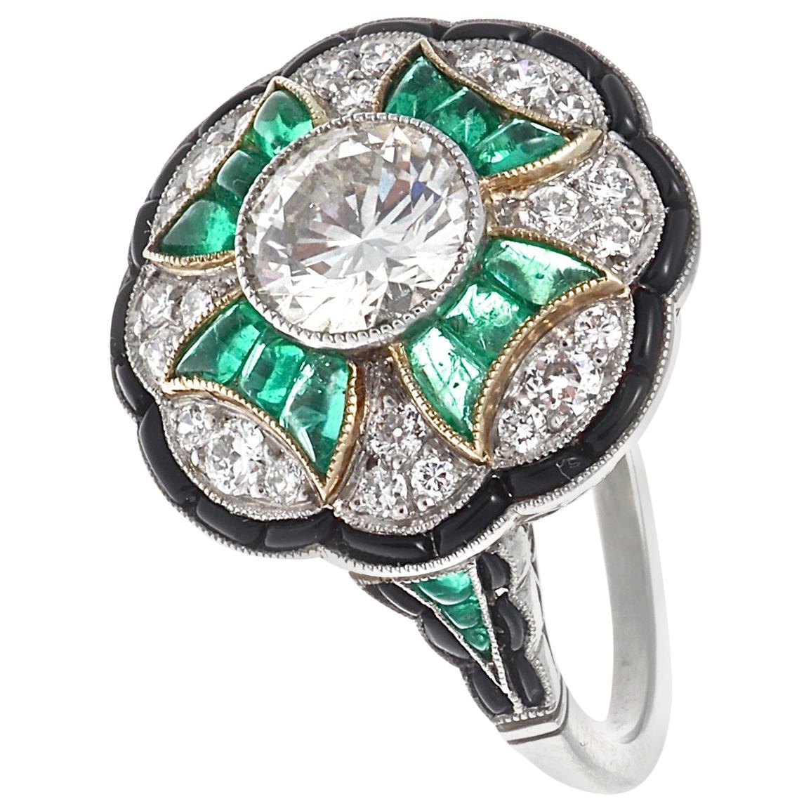 Art Deco Style 1.12 Carat Diamond Emerald Onyx Platinum Cocktail Ring