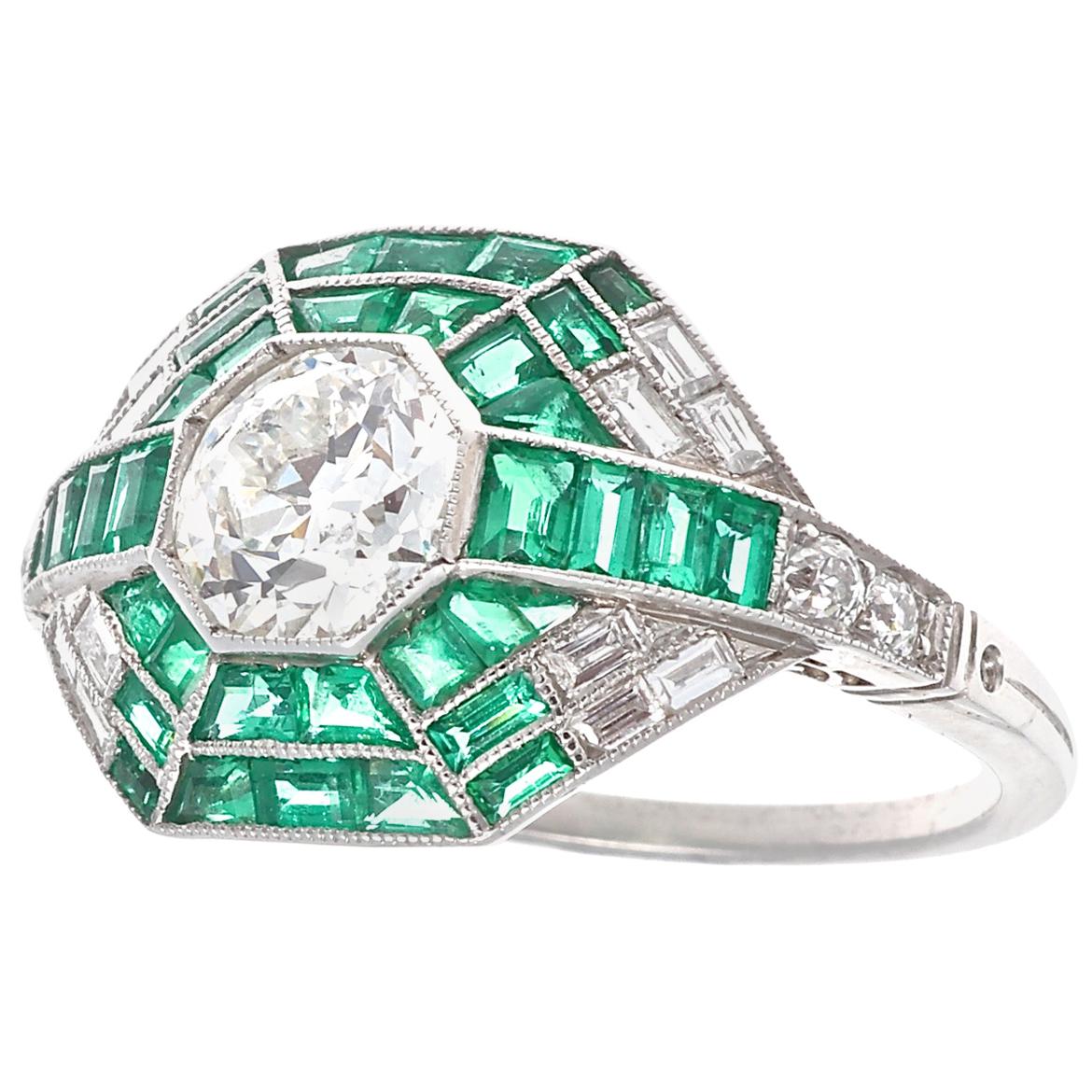 Art Deco Style Diamond Emerald Platinum Ring