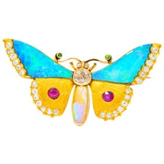 Victorian Opal Diamond Ruby Demantoid Garnet 14 Karat Gold Butterfly Brooch