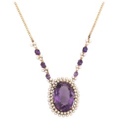 Vintage Amethyst Seed Pearl Necklace 14 Karat Gold Drop Estate Fine Jewelry