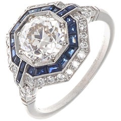 Art Deco Revival 1.57 Carat Old European Cut Diamond Sapphire Platinum Ring