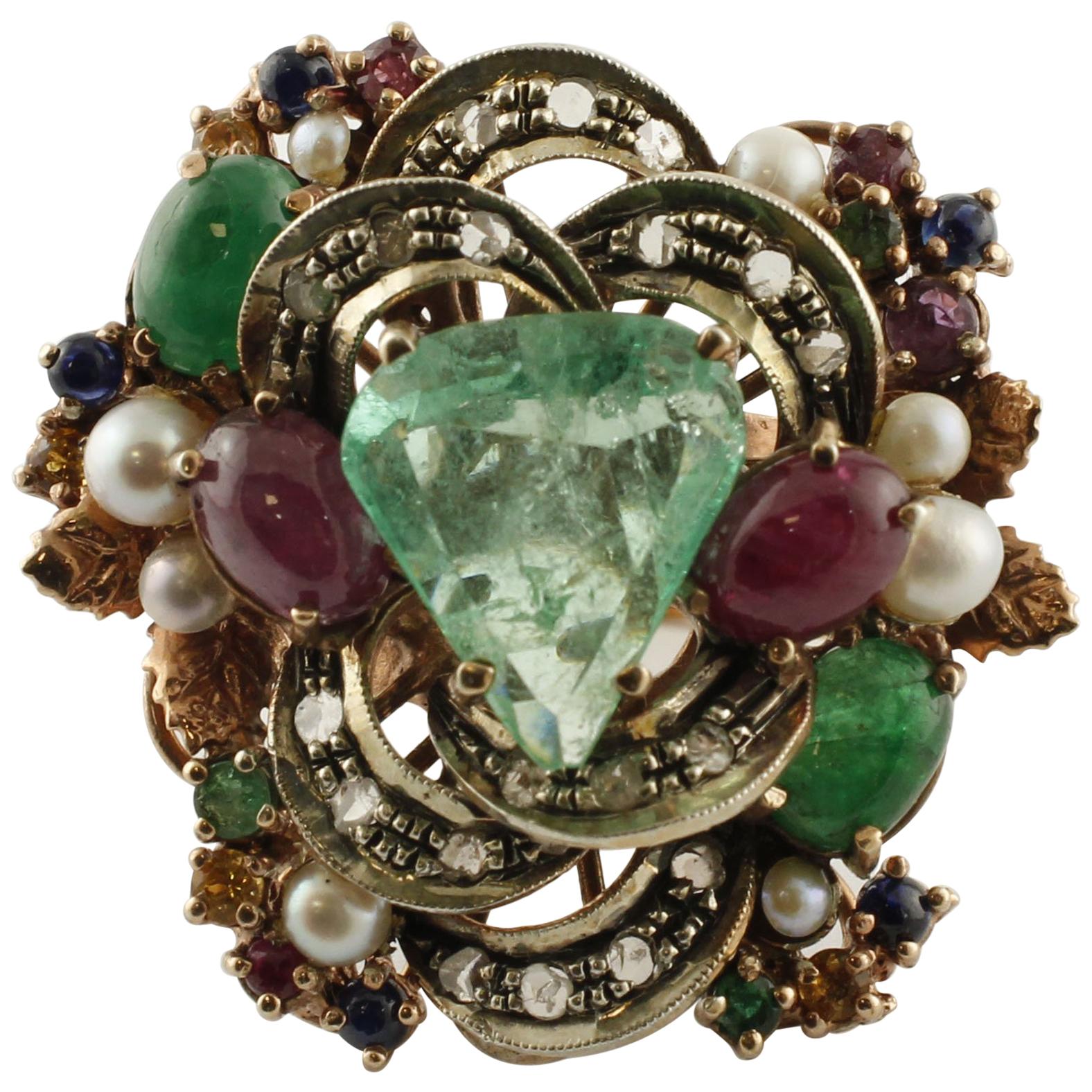 Diamonds, Rubies, Emeralds, Blue Yellow Sapphires, Pearls Rose Gold Silver Ring