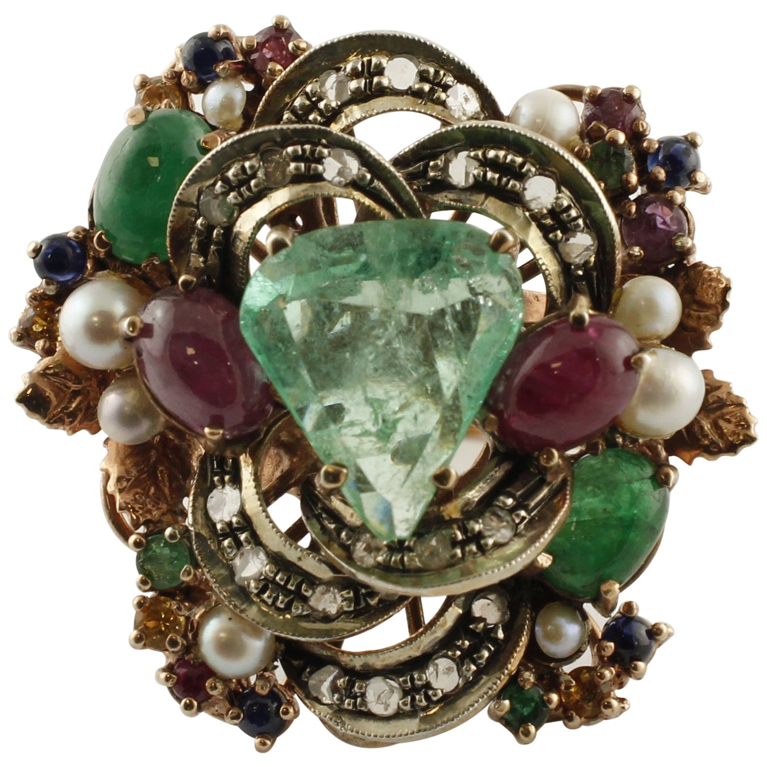 CHRISTIAN DIOR Diamond Emerald Ruby Sapphire Flower Gold RIng at 1stDibs