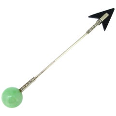 Art Deco French Jade Rose Cut Diamonds White Gold Stickpin